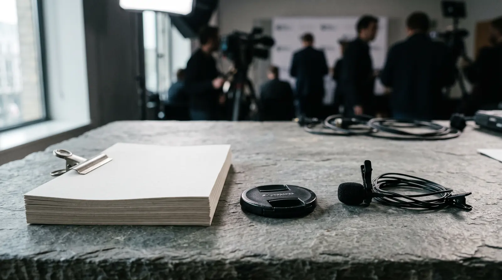 A small press kit laid out on a plain slate table, a stack of blank printed pages beside a camera lens cap and a lapel microphone