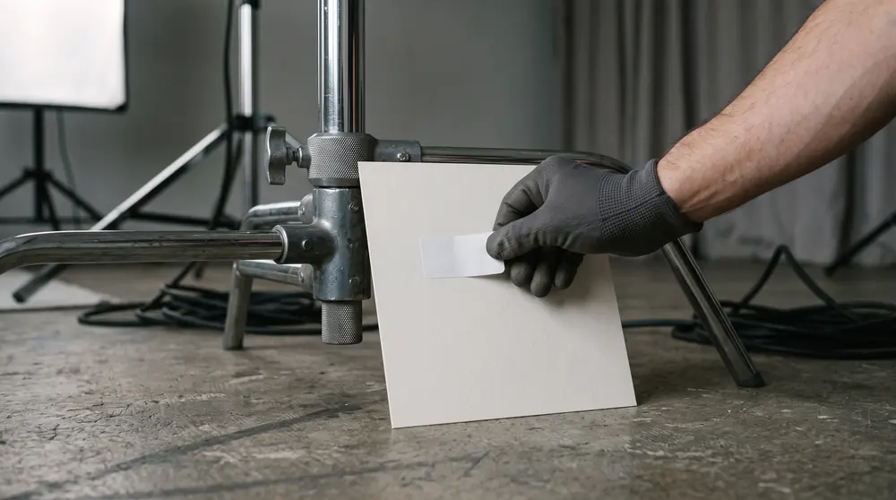A blank white sticker being pressed onto a plain card propped against the base of a studio light stand
