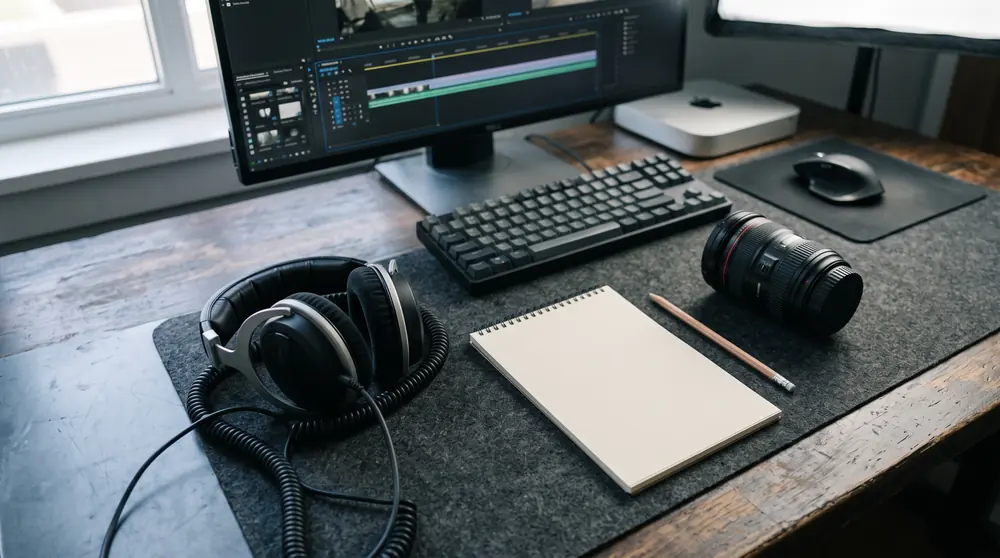A video editing desk from above with headphones, a camera lens, a pencil and a plain notepad