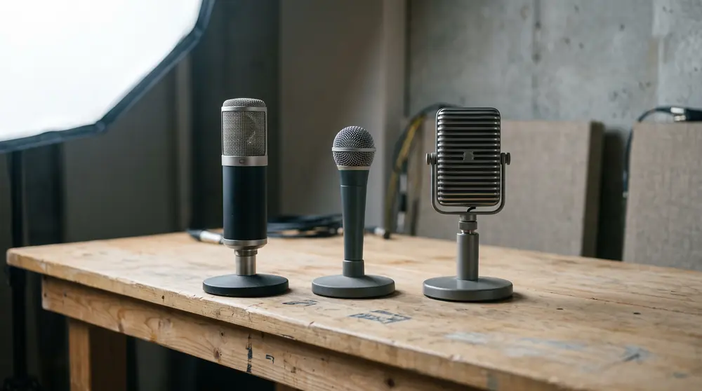 Three studio microphones of different types standing side by side on a plain bench