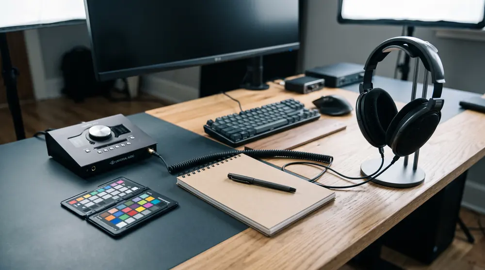 A video editing bench seen from above with headphones, an audio interface, a colour calibration card and a plain notepad
