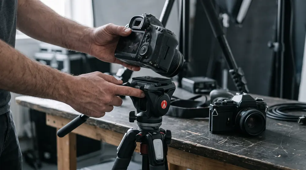 A camera body being unclipped from a tripod head on a plain studio bench with a second camera waiting beside it
