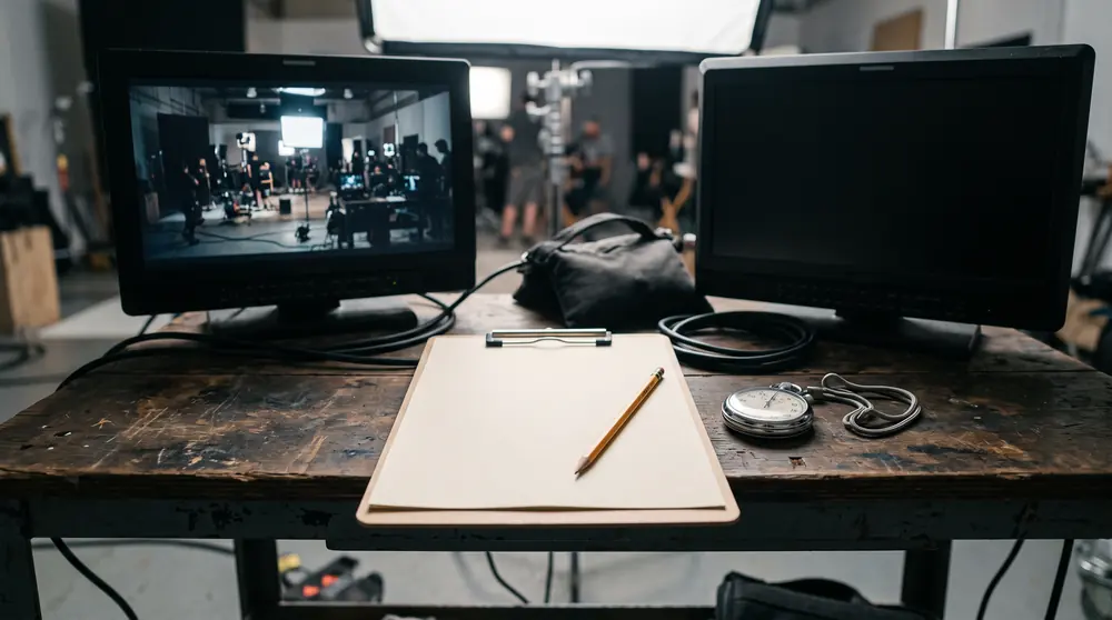 A plain scoring sheet and a pencil on a studio bench between two camera monitors turned away from the lens, a stopwatch beside them