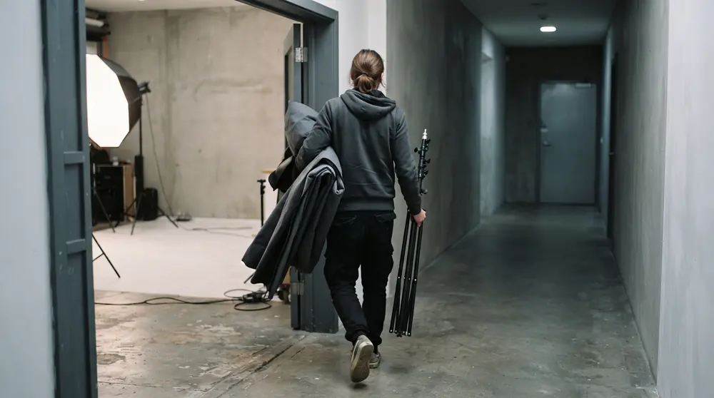 A person carrying a folded backdrop and a light stand out through a studio doorway, seen from behind, plain walls