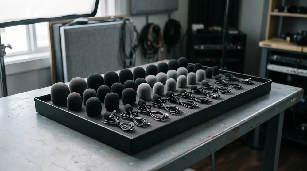 A tray of lapel microphones and foam windshields laid out in rows on a plain studio bench