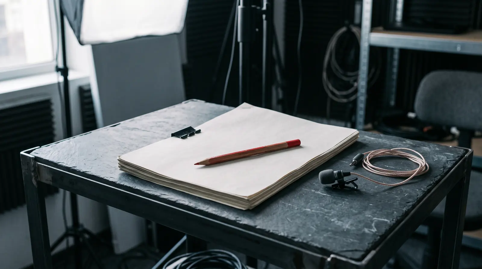 A studio bench with a plain printed manuscript, a red pencil resting on the top page and a lapel microphone beside it