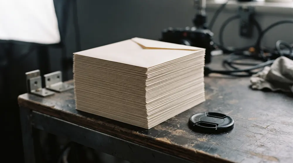 A tall stack of identical plain unopened envelopes on a studio bench beside a camera lens cap