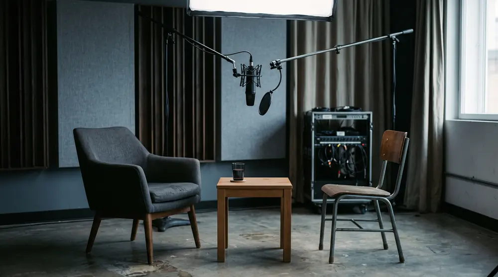 Two chairs facing each other across a small plain table in a quiet studio, a microphone on a boom arm overhead