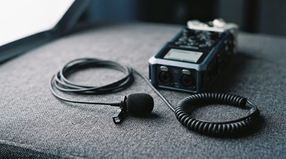 A clip-on lapel microphone and its foam windshield on a plain fabric surface beside a coiled cable and a small field recorder