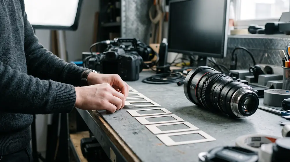 Hands at a studio bench arranging small plain printed frame cards into a sequence beside a camera lens