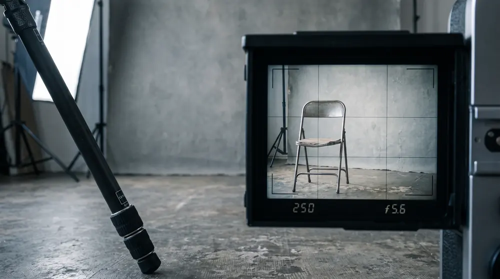 An empty chair centred against a plain backdrop seen past an open camera viewfinder, a tripod leg in the foreground