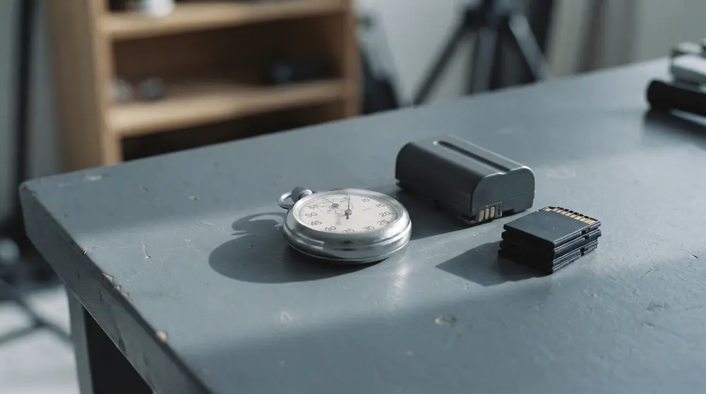 An analogue stopwatch resting on a studio bench beside a camera battery and a stack of memory cards, long soft shadows