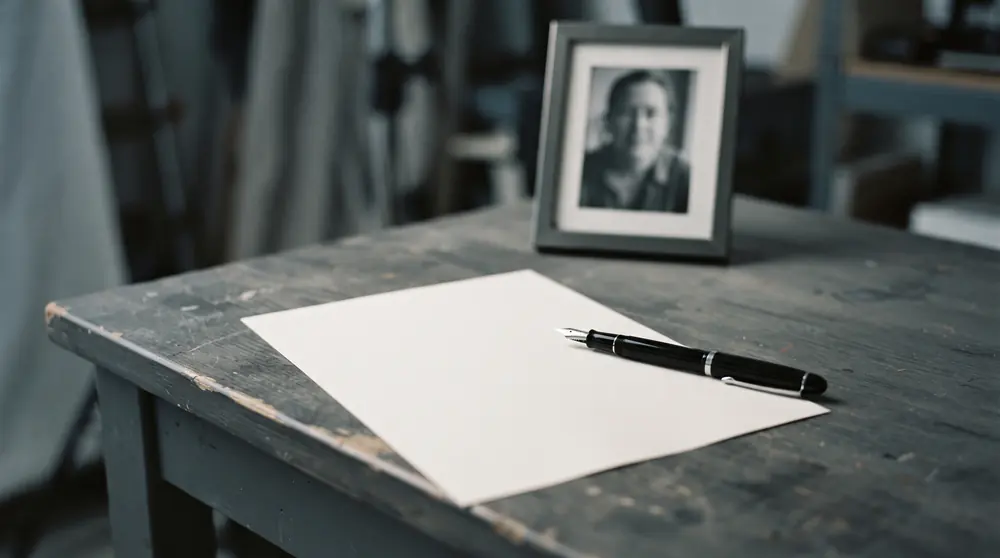 A plain printed licence agreement on a studio bench with a fountain pen resting on it and a framed portrait photograph behind