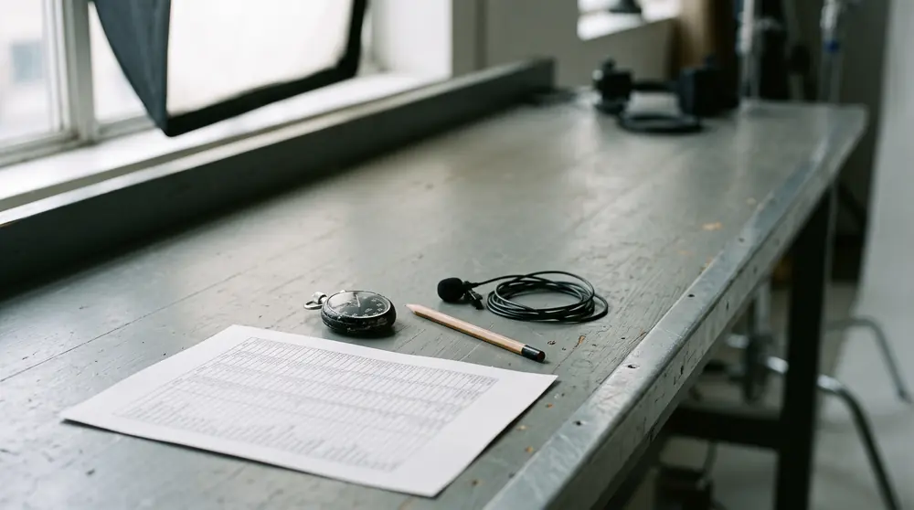 A plain printed table of figures on a studio bench with a pencil, a stopwatch and a lapel microphone laid beside it