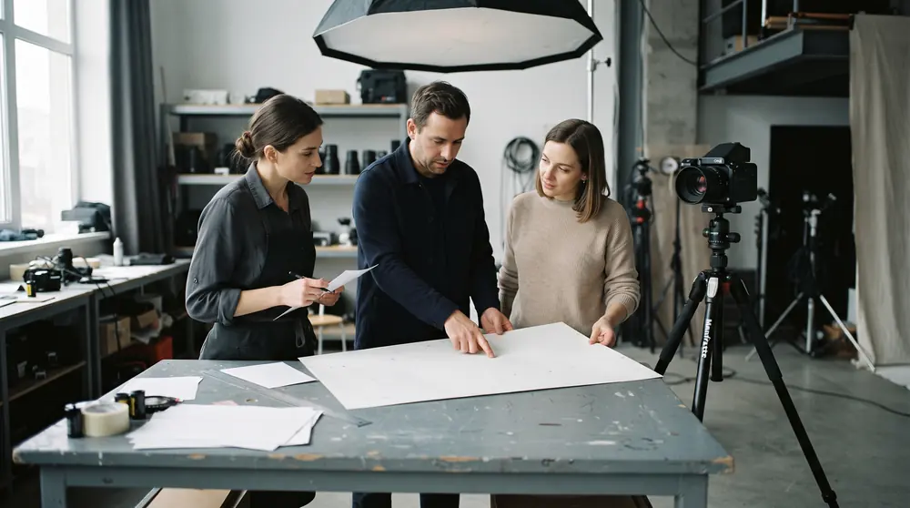 Three colleagues standing around a studio bench discussing a plain printed sheet, a camera on a tripod behind them