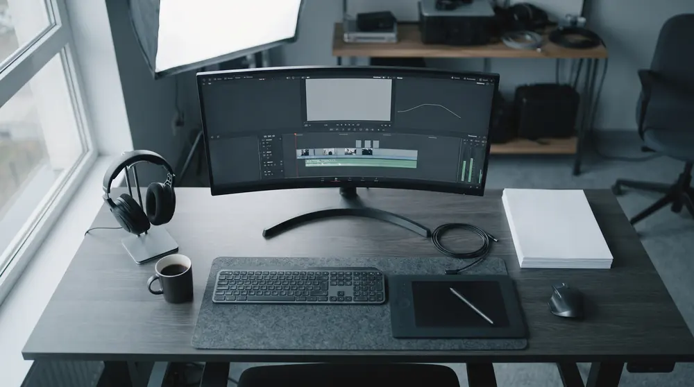 A tidy video editing desk from above with headphones, a mug and a stack of plain printed pages
