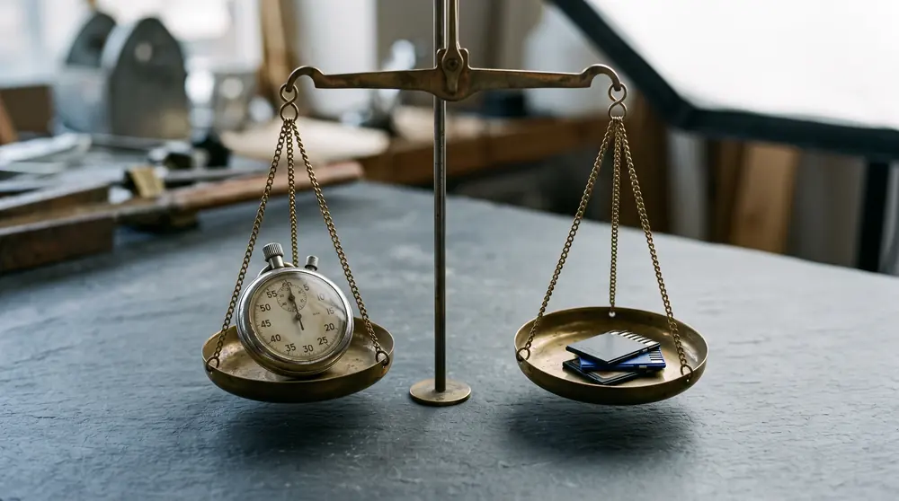 An analogue stopwatch and a small stack of memory cards resting in the pans of brass balance scales on a plain studio bench