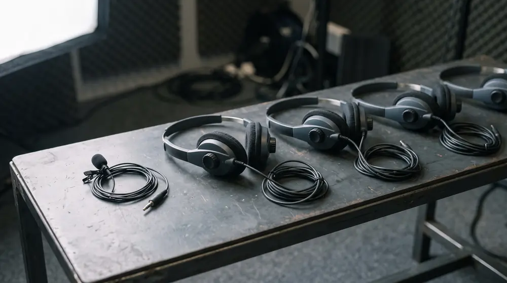 A row of translation headsets and a lapel microphone laid out on a plain studio bench