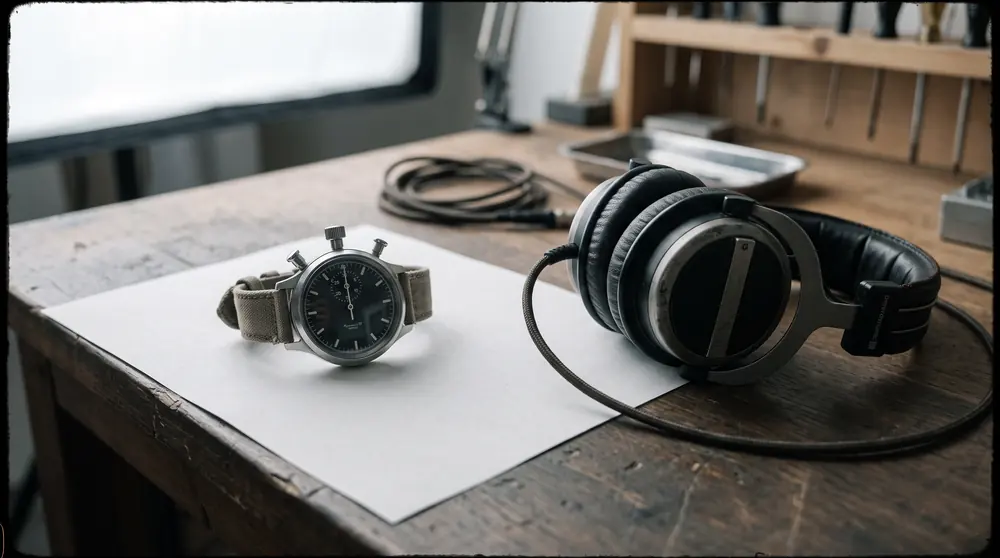 An analogue stopwatch resting on a plain printed sheet on a studio bench beside a pair of headphones