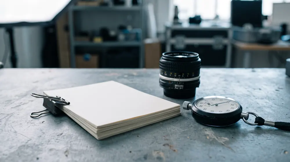 A small stack of plain printed pages held with a bulldog clip on a studio bench beside a camera lens and a stopwatch