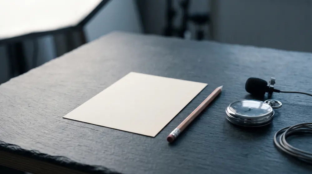 A plain scoring card and a pencil on a studio bench beside a stopwatch and a lapel microphone