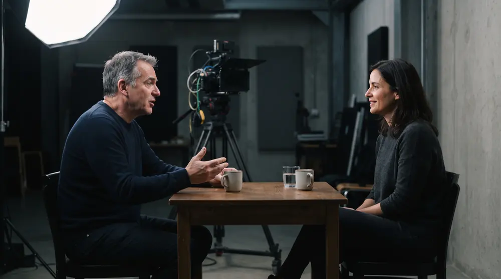 Two people talking across a small plain table in a quiet studio, a camera on a tripod out of focus behind them