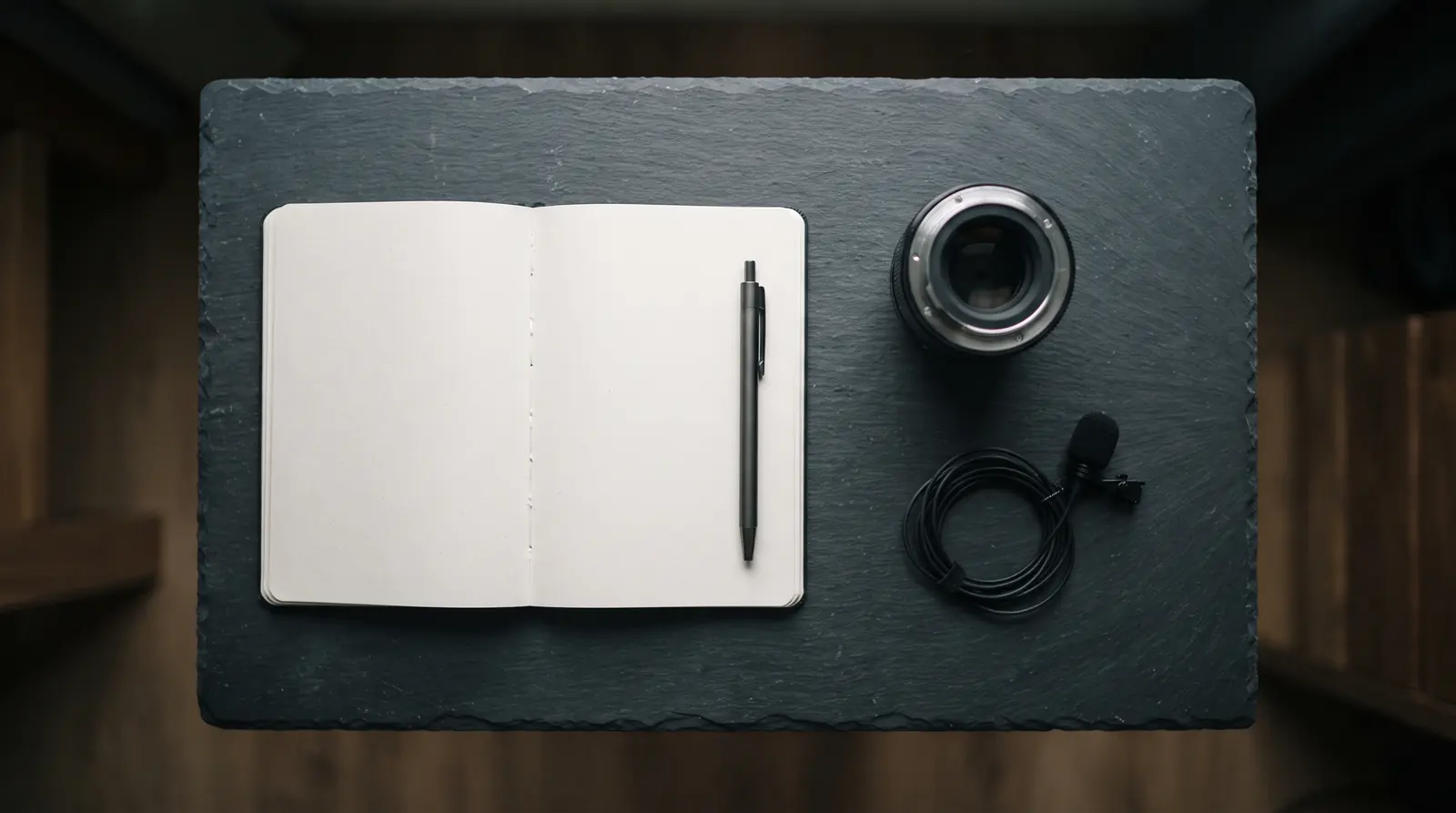 A plain desk from above with an open notebook, a pen, a camera lens and a lapel microphone